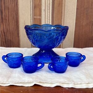 Tiny Blue Glass Punch Bowl Set